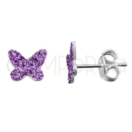 Sterling silver 925 violet glitter butterfly earrings 8.5x7mm