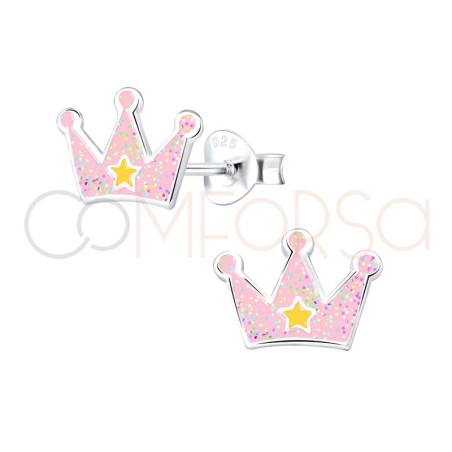 Sterling silver 925 pale pink princess crown earrings 10 x 7mm