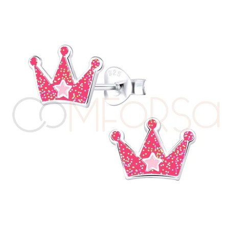 Sterling silver 925 fuchsia pink princess crown earrings 10x7mm