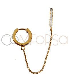 Gold-plated sterling silver 925 double hoop earrings with zirconias and chain 11 mm