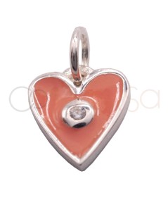 Sterling silver 925 pink enamelled heart pendant with zirconia 8 x 10mm