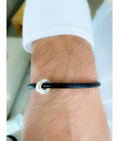 Black leather bracelet with customisable sterling silver donut