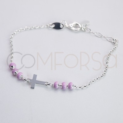 Sterling silver 925 pink enamelled children’s bracelet with Cross 14 + 2cm