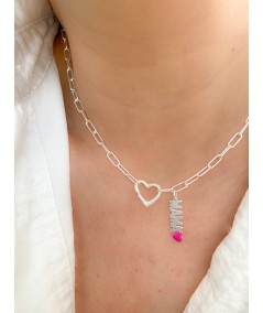 Sterling silver 925 “mama” with fuchsia heart pendant 22 x 6mm