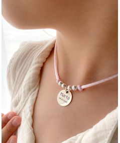 Sterling silver 925 pink silk choker with customised communion tag