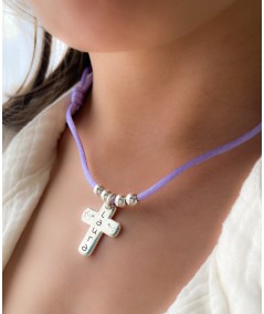 Sterling silver 925 violet silk choker with customised communion cross