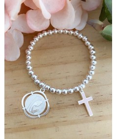 Sterling silver 925 bead bracelet with Virgin Mary pendant and white enamelled cross