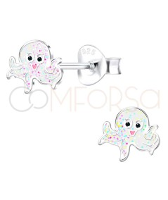 Sterling silver 925 white octopus with glitter earrings 7 x 7mm