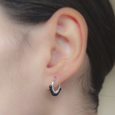 Sterling silver 925 hoop earrings with Black Spinel stones 12mm