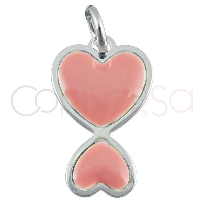 Gold-plated sterling silver 925 enamelled pink double heart pendant 10x16mm