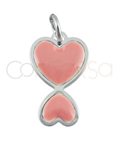 Gold-plated sterling silver 925 enamelled pink double heart pendant 10x16mm