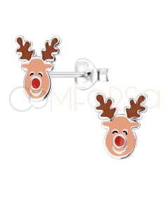 Sterling silver 925 brown reindeer with red nose earring 8 x 10mm
