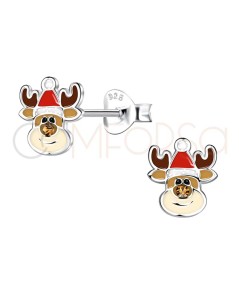 Sterling silver 925 reindeer with Father Christmas hat earring 7 x 8mm