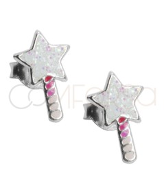 Sterling silver 925 pink star wand with glitter earrings 6 x 10mm