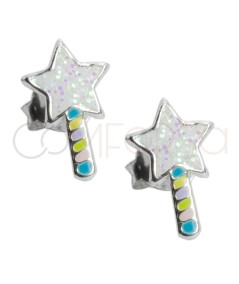 Sterling silver 925 multicoloured star wand with glitter earrings 6 x 10mm