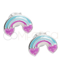 Sterling silver 925 rainbow with glitter heart earrings 9 x 6mm