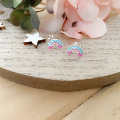 Sterling silver 925 rainbow with glitter heart earrings 9 x 6mm