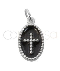 Sterling silver 925 black enamelled oval pendant with cross 10 x 18mm