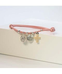 Sterling silver 925 bracelet with pink rubber band with "my first communion" pendants