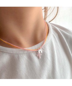 Sterling silver 925 waxed double strand necklace with pink cross and mini rainbow