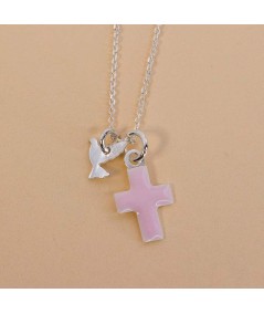 Sterling silver 925 cable chain with light pink cross and dove