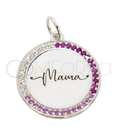 Sterling silver 925 zirconia medallion pendant with "Mama" engraving 20mm