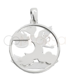 Sterling silver 925 stork round pendant with baby with moon 20mm