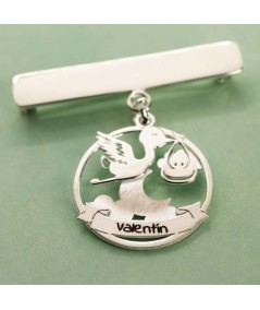Engraving + Sterling silver 925 stork round pendant with baby with moon 20mm
