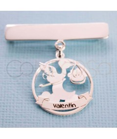 Engraving + Sterling silver 925 stork round pendant with baby with moon 20mm