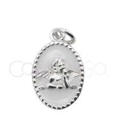 Sterling silver 925 white enamelled oval “Angel of Raphael” medallion