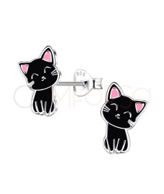 Sterling silver 925 smiling black cat earring 8 x 12mm