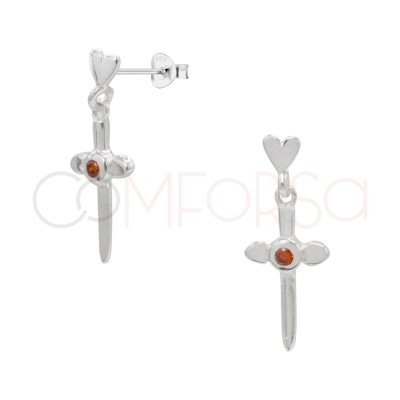 Sterling silver 925 heart earring with red zirconia dagger pendant 7 x 12mm