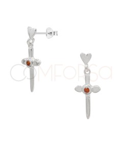 Sterling silver 925 heart earring with red zirconia dagger pendant 7 x 12mm