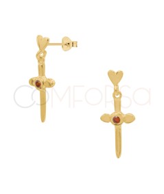 Gold-plated sterling silver 925 heart earring with red zirconia dagger pendant 7 x 12mm