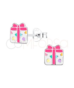 Sterling Silver 925 Gift Box Earrings with Pink Bow 6 x 7 mm