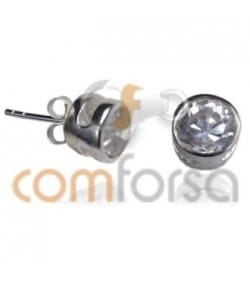 Sterling Silver 925 Round Zircon Ear Post Rhodium 7.8mm